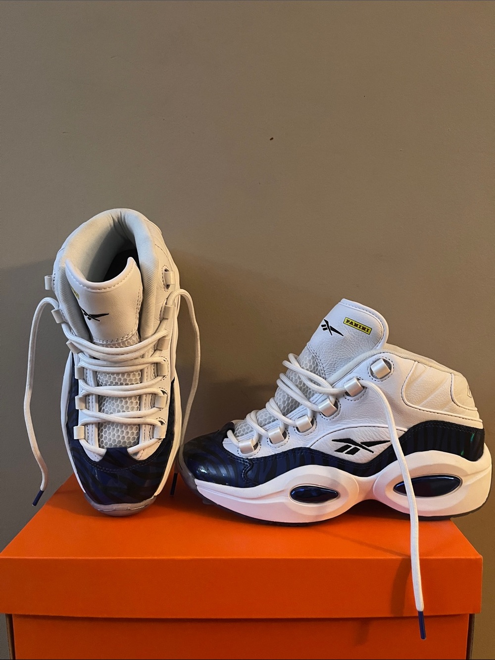 Reebok White and Navy Kids Basketball Sneakers